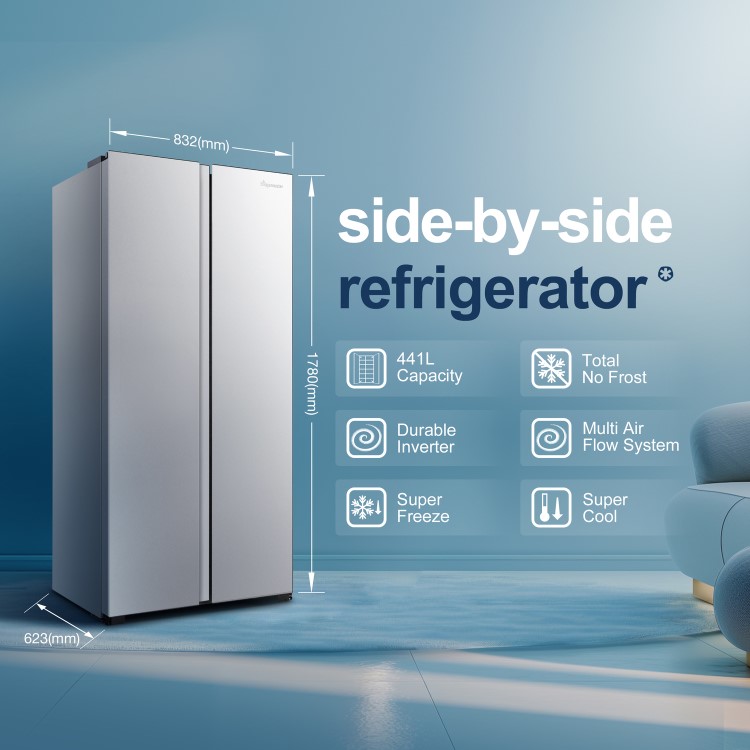 Fridgemaster 441 Litre Side-By-Side American Fridge Freezer - Silver - Image 2