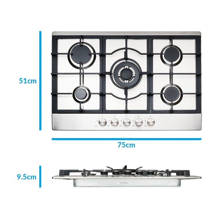 electriQ 75cm 5 Burner Gas Hob - Stainless Steel - Image 2