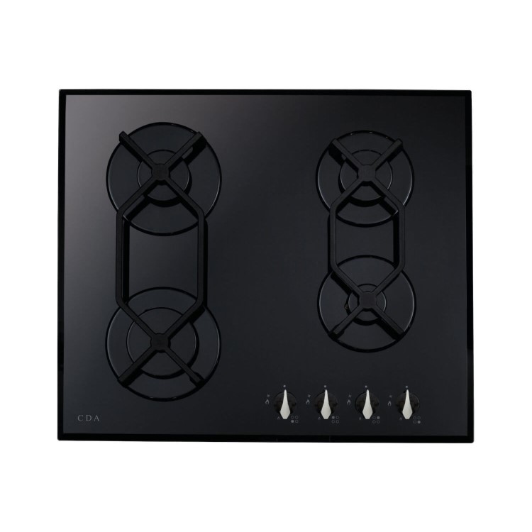 CDA 60cm 4 Burner Gas Hob - Black Glass