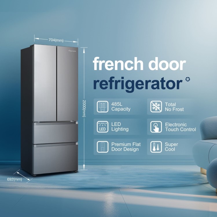 Fridgemaster 485 Litre French Style American Fridge Freezer - Silver - Image 2