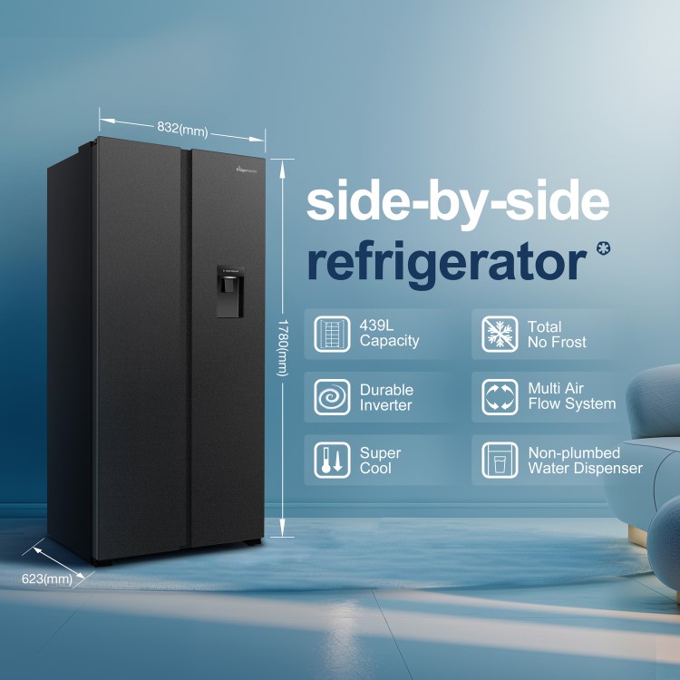 Fridgemaster 439 Litre Side-by-Side American Fridge Freezer - Black - Image 2