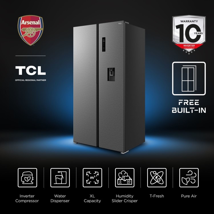 TCL 605 Litre Free Built-In Side-by-Side American Fridge Freezer - Stainless Steel - Image 4