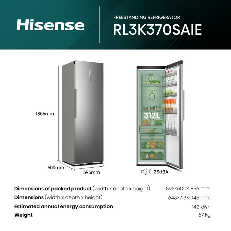 Hisense KitchenFit 372 Litre Tall Freestanding Larder Fridge - Silver - Image 3