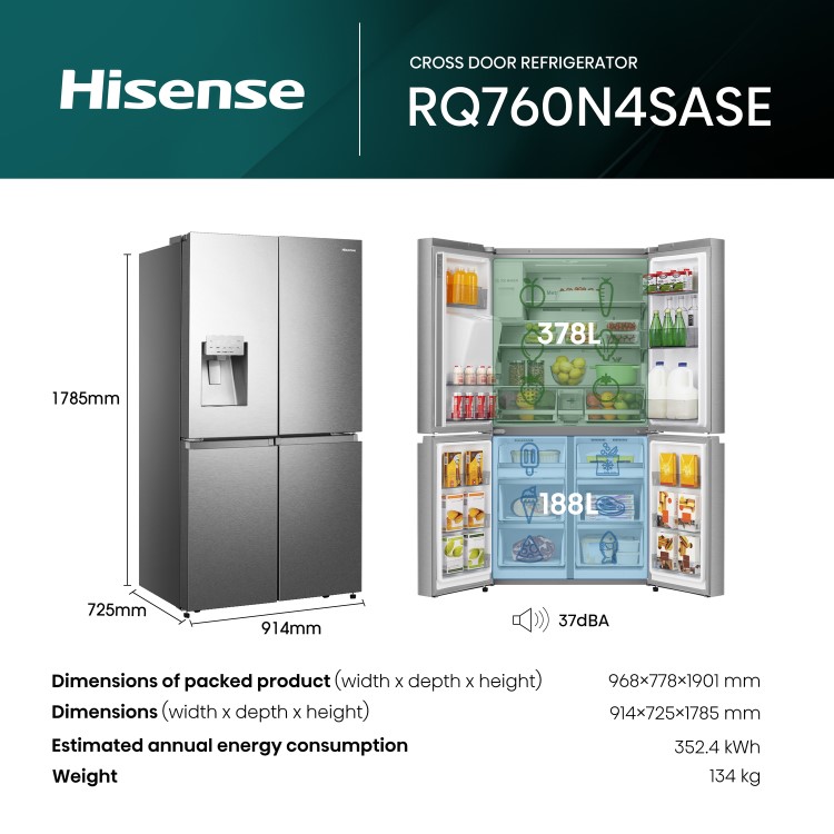 Hisense 584 Litre 4 Door American Fridge Freezer Non Plumbed Water Dispenser - Grey - Image 14