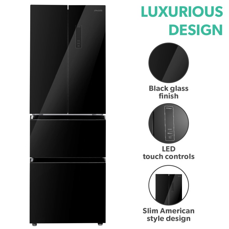 electriQ 320 Litre French Style American Fridge Freezer - Black Glass - Image 6