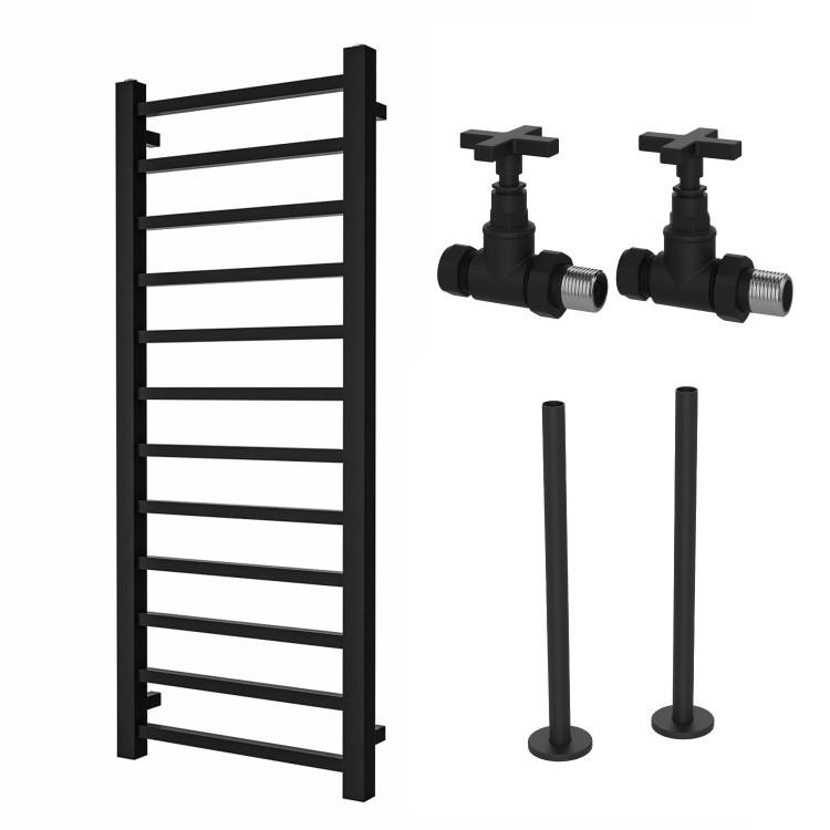 Black Towel Radiator 1200 x 500mm with Pipe Kit and Straight Valves - Sonoran