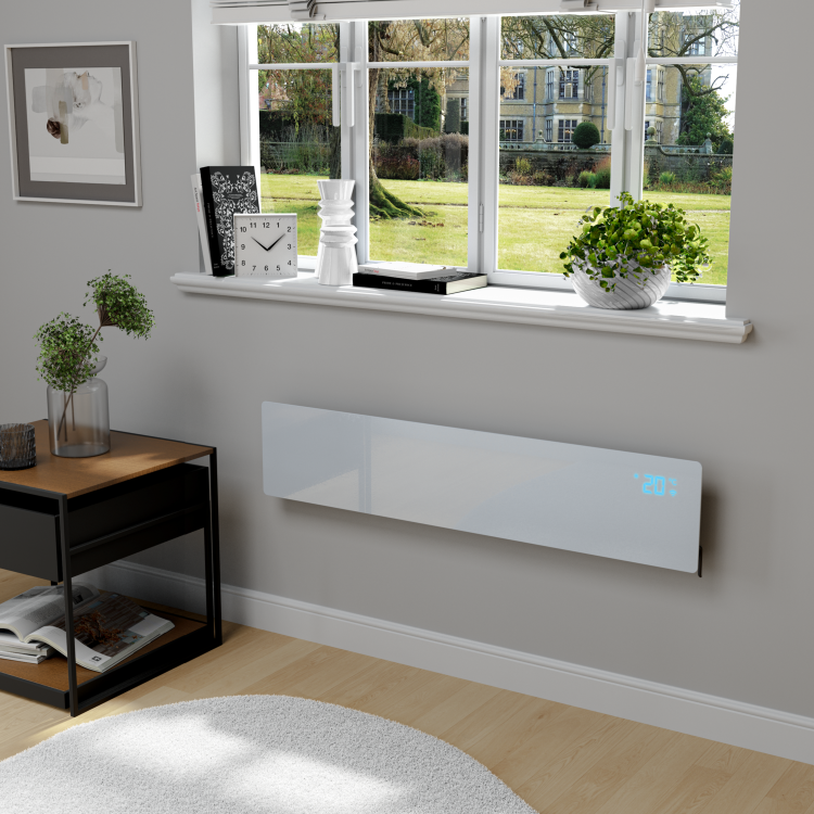 electriQ 750W Smart Slim Gloss White Glass Panel Heater Wall Mounted or Skirting Fitted Bathroom Safe Energy Efficient