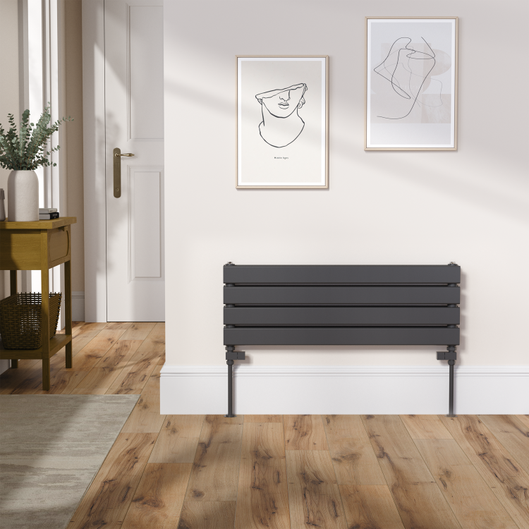 Riace Linea Midnight Black Flat Designer Radiator 280x800mm Double Panel 1352 BTU - Horizontal Bars