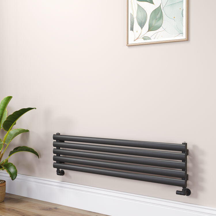 Sorrento Linea Midnight Black Oval Designer Radiator 295x1200mm Single Panel 1433 BTU - Horizontal Bars