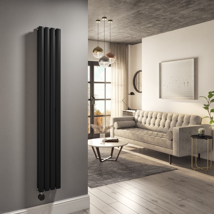 Midnight Black Vertical Smart Electric Radiator with Wi-Fi Thermostat - 1200W - Double Panel H1600xW236mm - Bathroom Safe