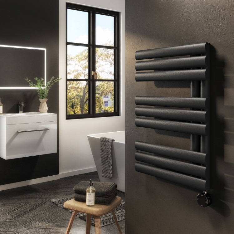 Midnight Black Smart Electric Towel Radiator with Wi-Fi Thermostat - 600W - H650xW450mm - Bathroom Safe