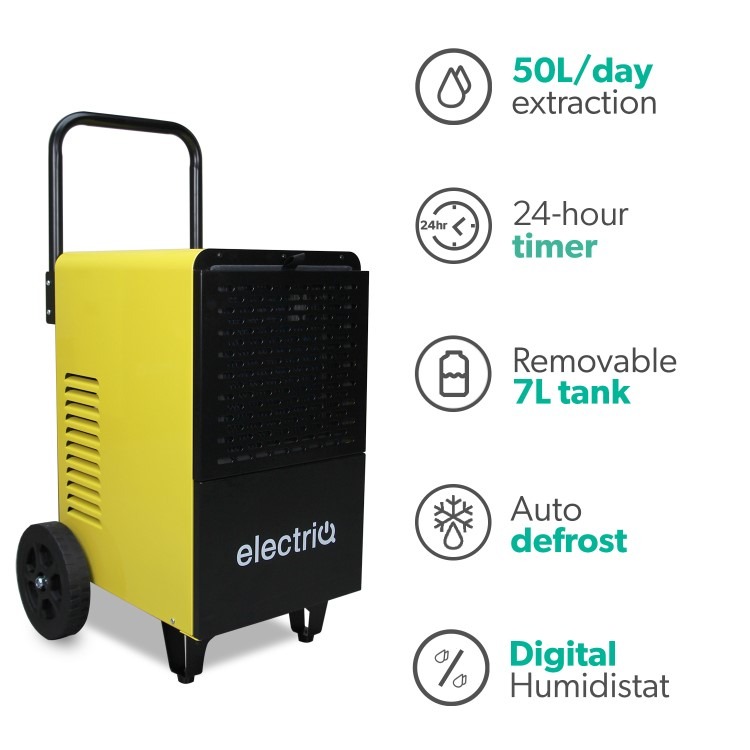 electriQ 50L Industrial Portable Dehumidifier with Metal Body & Large Wheels - Image 2