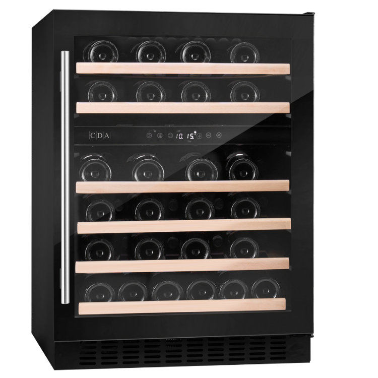 CDA 46 Bottle Capacity Dual Zone 60cm Freestanding Under Counter Wine Cooler - Black Glass - Image 2