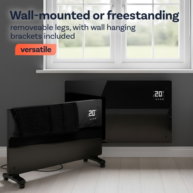 electriQ 2500W Smart Designer Glass Panel Convection Heater - Wall Mountable & Bathroom Safe - Black - Image 2