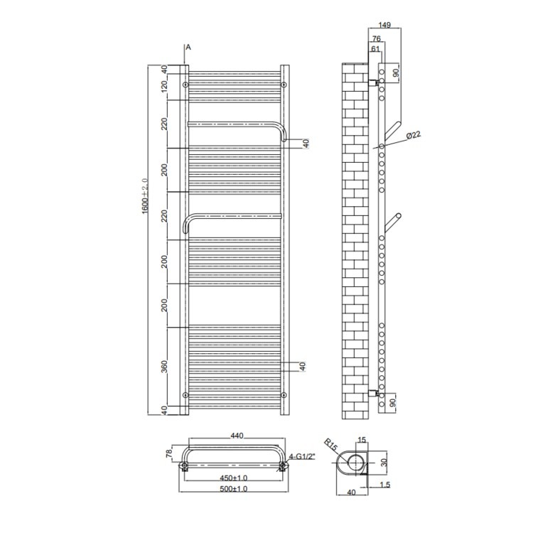 Chrome Towel Radiator 1600 x 500mm with Pipe Kit and Straight Valves – Nazco - Image 4