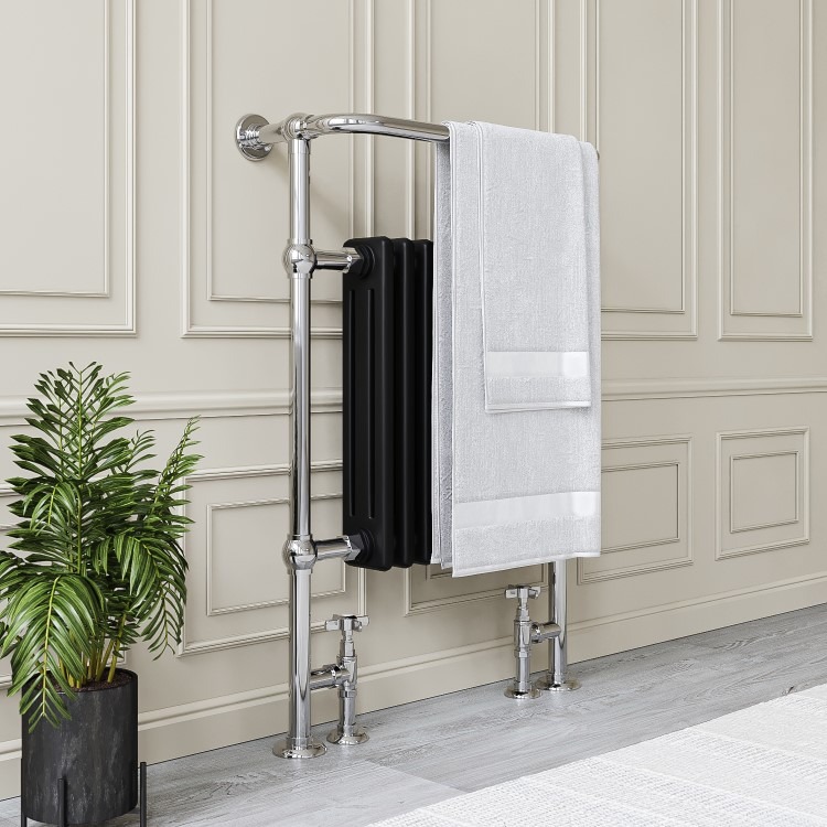 Black and Chrome Traditional Column Radiator with Towel Rail 952 x 659mm - Regent - Image 4