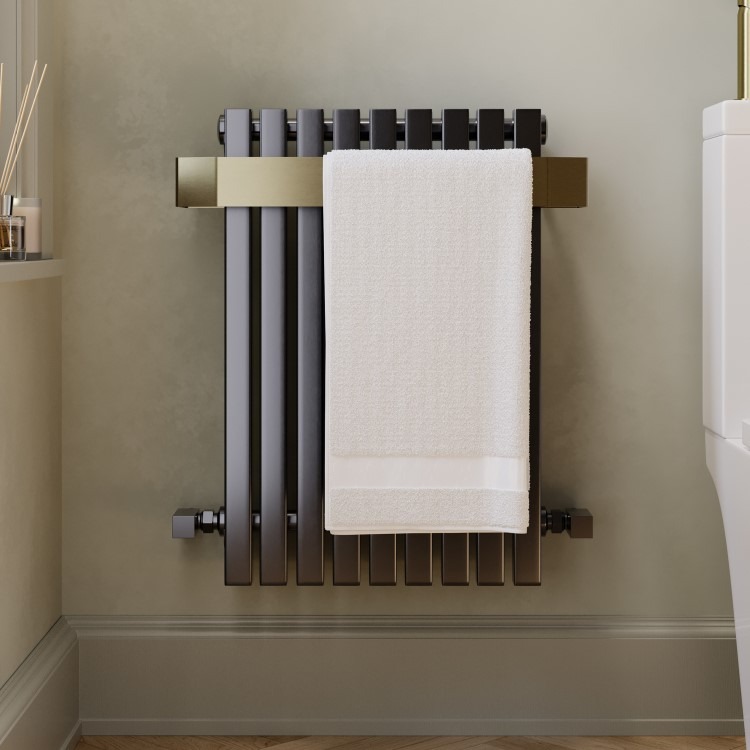 Gunmetal Single Panel Radiator with Brass Towel Bar 600 x 600mm - Iraya - Image 3