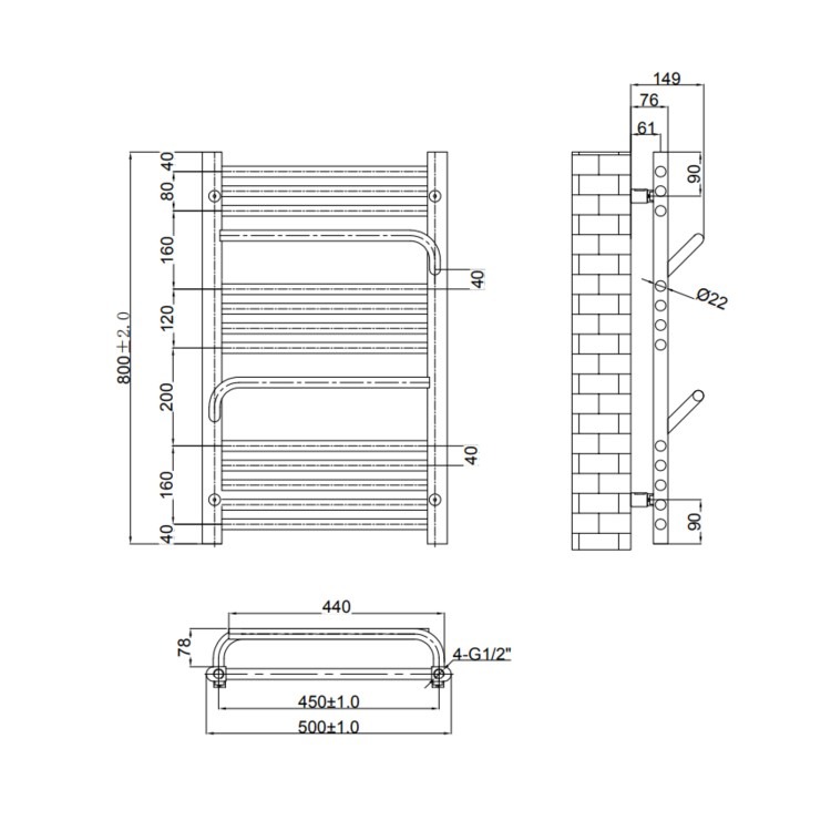 Chrome Towel Radiator 800 x 500mm with Pipe Kit and Straight Valves – Nazco - Image 2