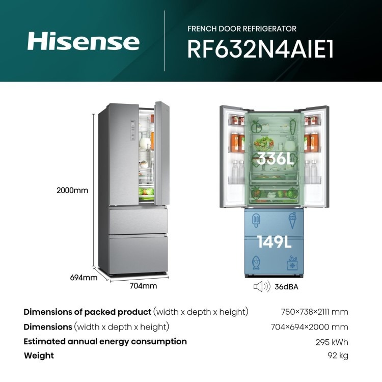 Hisense PureFlat 485 Litre French Style American Fridge Freezer - Stainless Steel - Image 2