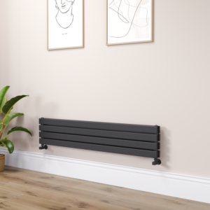 Riace Linea Midnight Black Flat Designer Radiator 280x1400mm Double Panel 2235 BTU - Horizontal Bars