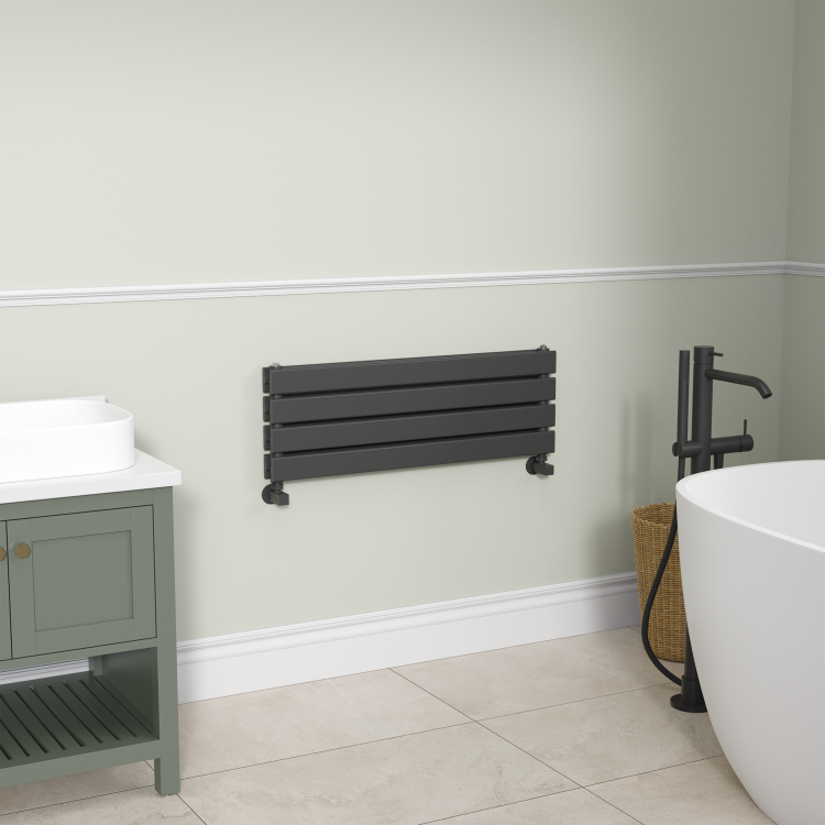 Riace Linea Midnight Black Flat Designer Radiator 280x800mm Double Panel 1352 BTU - Horizontal Bars - Image 2
