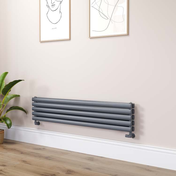 Sorrento Linea Dark Grey Anthracite Oval Designer Radiator 295x1400mm Double Panel 2509 BTU - Horizontal Bars