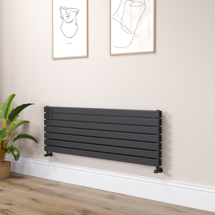 Riace Linea Midnight Black Flat Designer Radiator 490x1400mm Double Panel 3908 BTU - Horizontal Bars