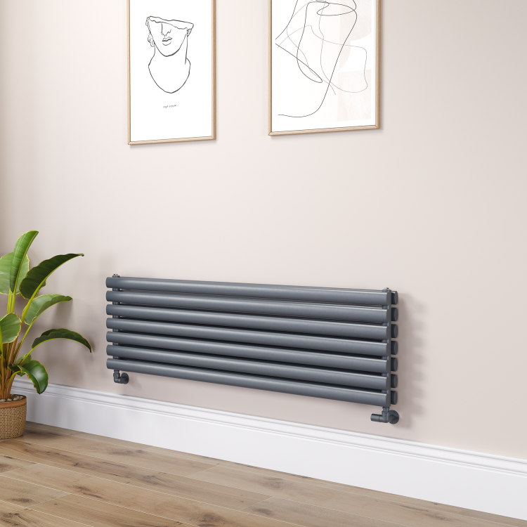 Sorrento Linea Dark Grey Anthracite Oval Designer Radiator 413x1400mm Double Panel 3509 BTU - Horizontal Bars