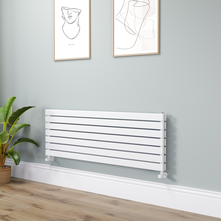 Riace Linea White Flat Designer Radiator 490x1400mm Double Panel 3908 BTU - Horizontal Bars