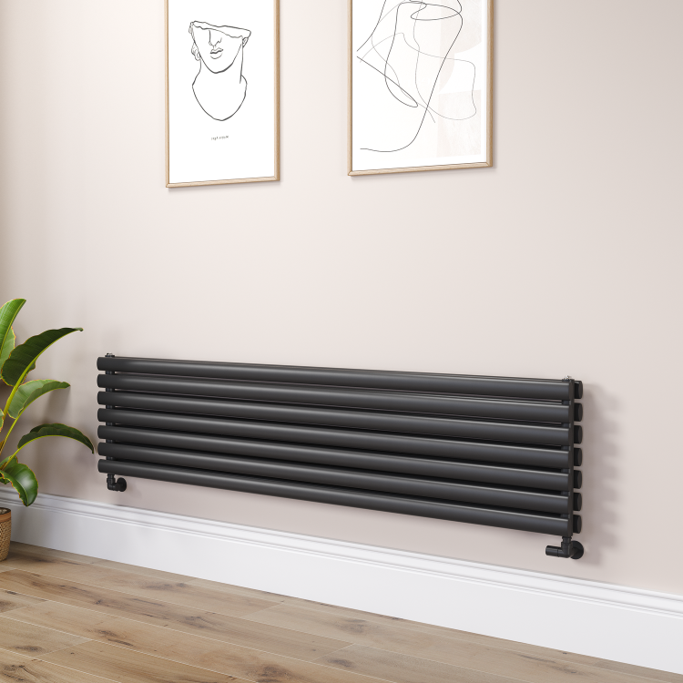 Sorrento Linea Midnight Black Oval Designer Radiator 413x1800mm Double Panel 4437 BTU - Horizontal Bars