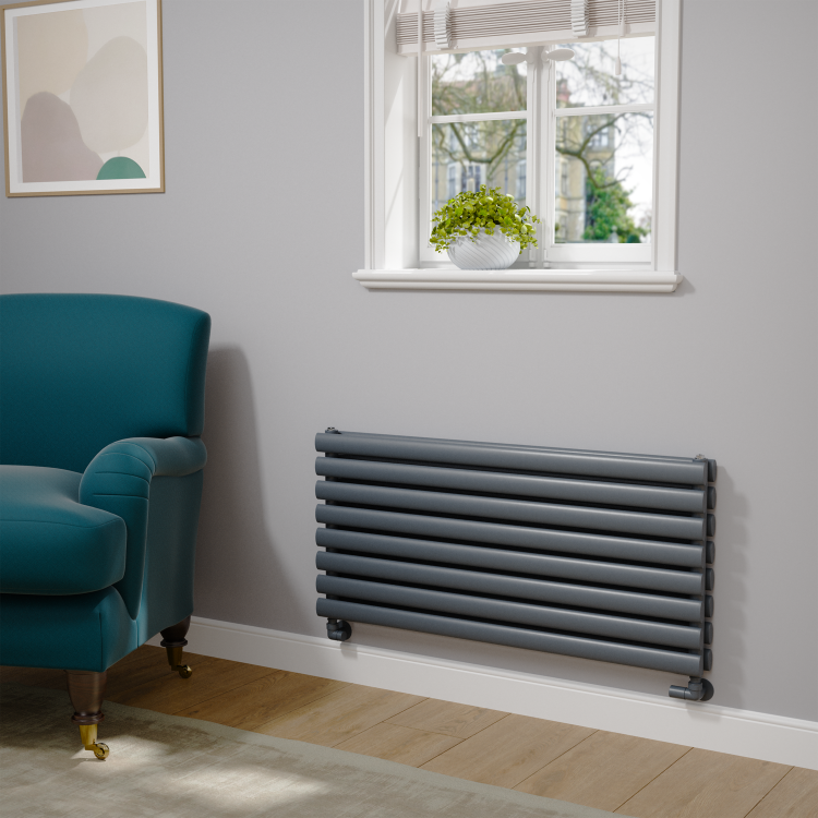 Sorrento Linea Dark Grey Anthracite Oval Designer Radiator 590x800mm Double Panel 3024 BTU - Horizontal Bars - Image 2