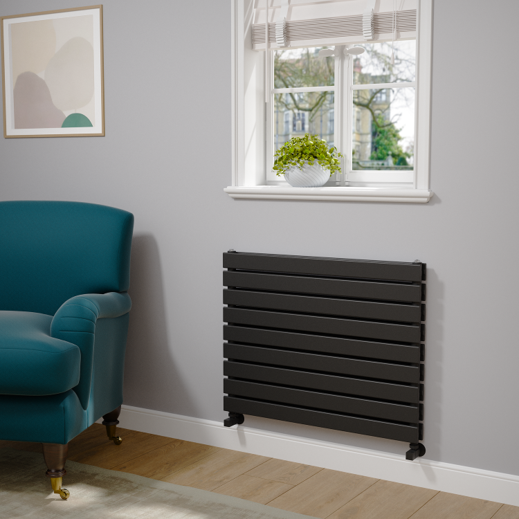 Riace Linea Midnight Black Flat Designer Radiator 630x800mm Double Panel 3044 BTU - Horizontal Bars - Image 2