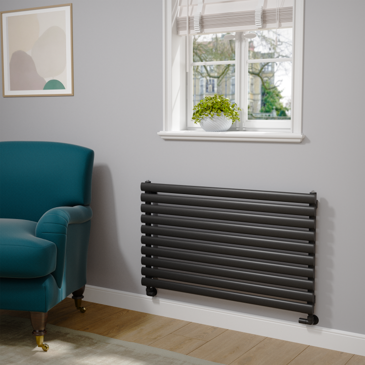 Sorrento Linea Midnight Black Oval Designer Radiator 590x1000mm Single Panel 2420 BTU - Horizontal Bars - Image 2