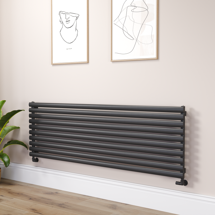 Sorrento Linea Midnight Black Oval Designer Radiator 590x1800mm Single Panel 4256 BTU - Horizontal Bars