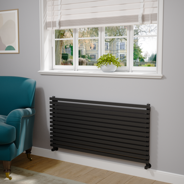 Ravello Linea Midnight Black Square Designer Radiator 585x1200mm Single Panel 3287 BTU - Horizontal Bars - Image 2