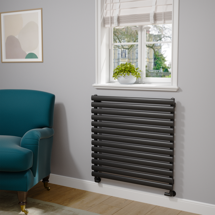 Sorrento Linea Midnight Black Oval Designer Radiator 767x800mm Single Panel 2577 BTU - Horizontal Bars - Image 2