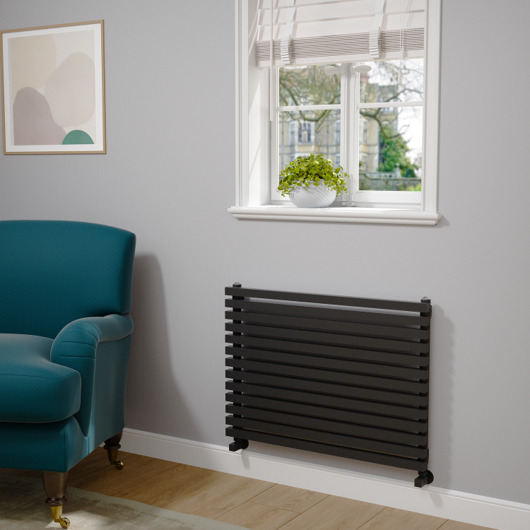 Ravello Linea Midnight Black Square Designer Radiator 585x800mm Single Panel 2276 BTU - Horizontal Bars - Image 2