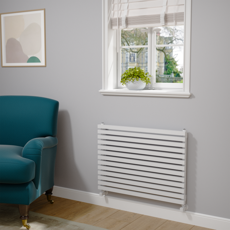Ravello Linea White Square Designer Radiator 585x800mm Single Panel 2276 BTU - Horizontal Bars - Image 2