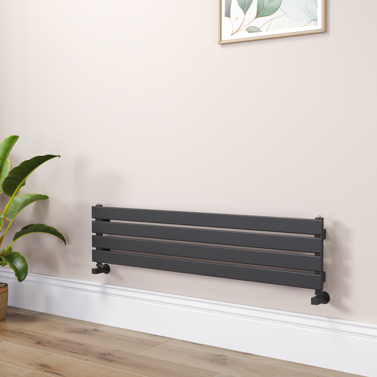 Riace Linea Midnight Black Flat Designer Radiator 280x1200mm Single Panel 1280 BTU - Horizontal Bars