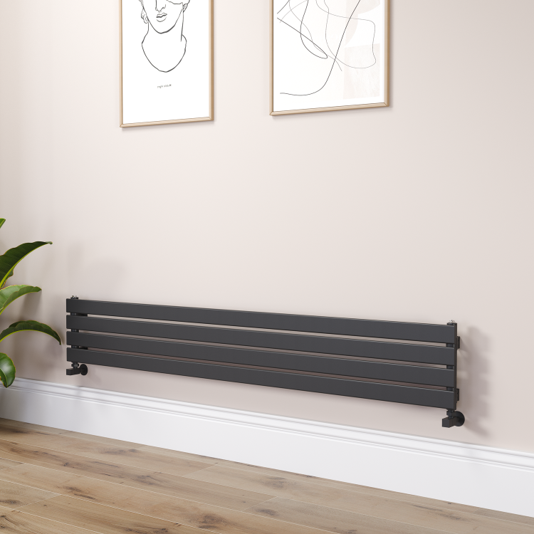 Riace Linea Midnight Black Flat Designer Radiator 280x1800mm Single Panel 1898 BTU - Horizontal Bars