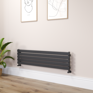 Riace Linea Midnight Black Flat Designer Radiator 350x1400mm Single Panel 1850 BTU - Horizontal Bars