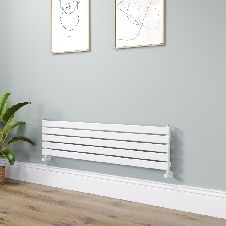 Riace Linea White Flat Designer Radiator 350x1400mm Single Panel 1850 BTU - Horizontal Bars
