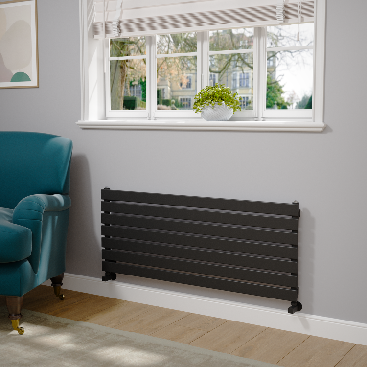 Riace Linea Midnight Black Flat Designer Radiator 490x1200mm Single Panel 2239 BTU - Horizontal Bars - Image 2