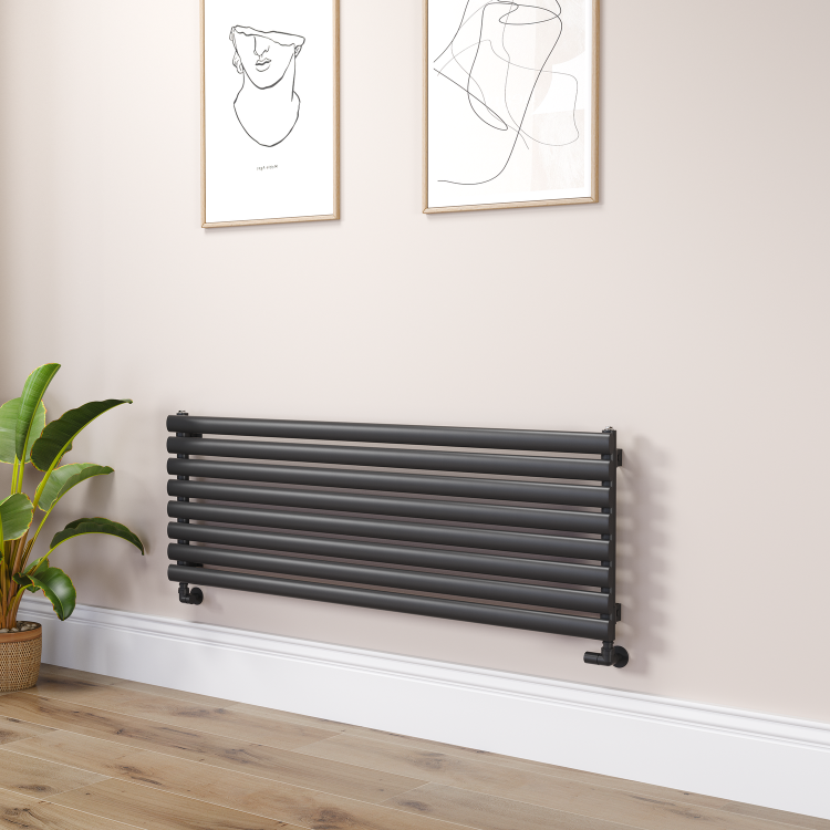 Sorrento Linea Midnight Black Oval Designer Radiator 472x1400mm Single Panel 2655 BTU - Horizontal Bars