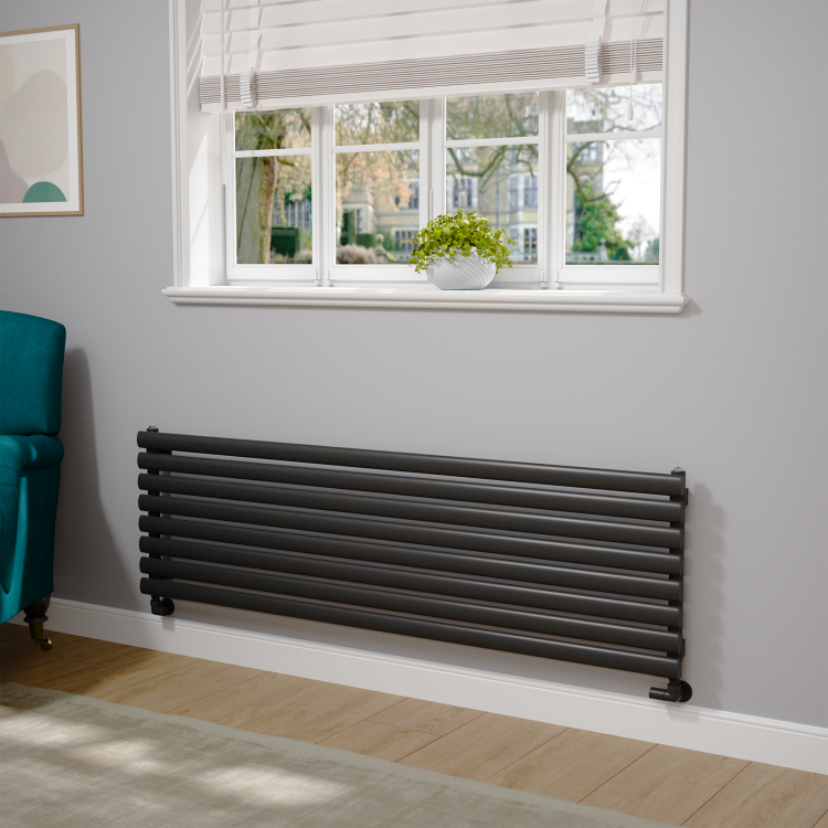 Sorrento Linea Midnight Black Oval Designer Radiator 472x1600mm Single Panel 3024 BTU - Horizontal Bars - Image 2