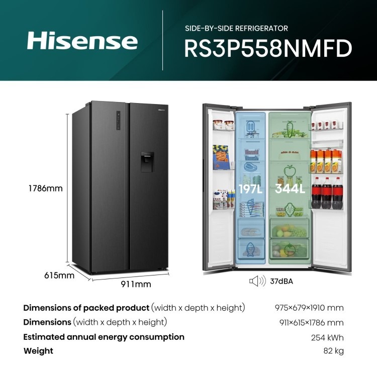 Hisense PureFlat 541 Litre Side-by-Side American Fridge Freezer - Black - Image 2