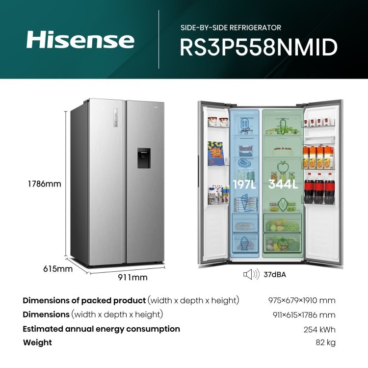 Hisense PureFlat 541 Litre Side-by-Side American Fridge Freezer - Silver - Image 2