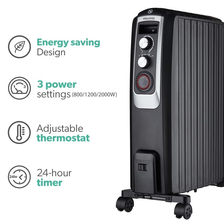 electriQ 2000W Oil Filled Radiator with Thermostat and 24 hr Timer - Black - Image 3