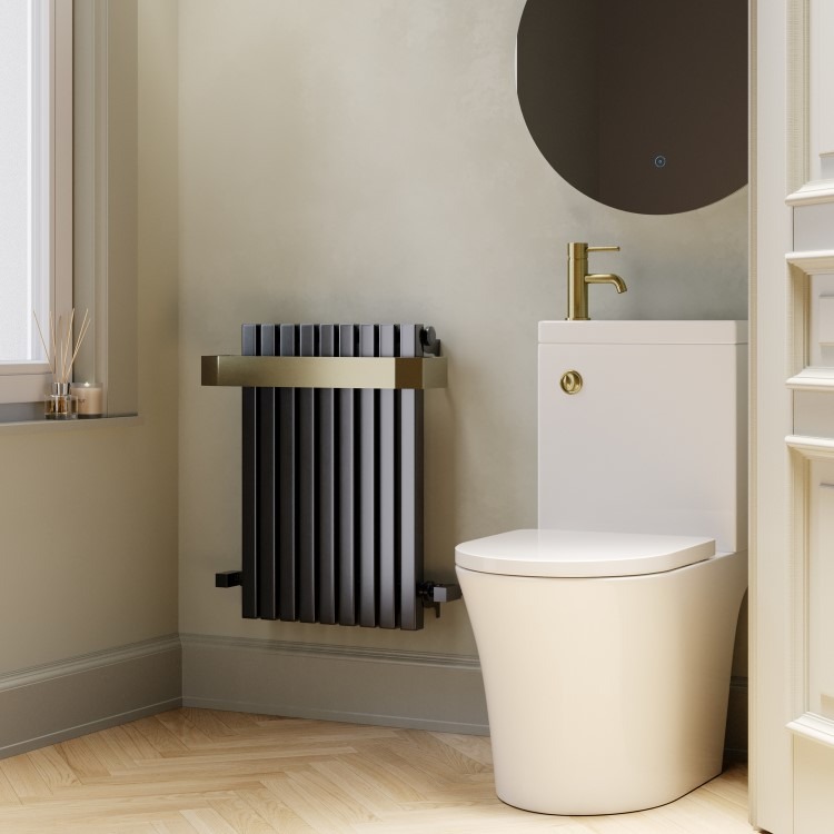 Gunmetal Single Panel Radiator with Brass Towel Bar 600 x 600mm - Iraya - Image 2