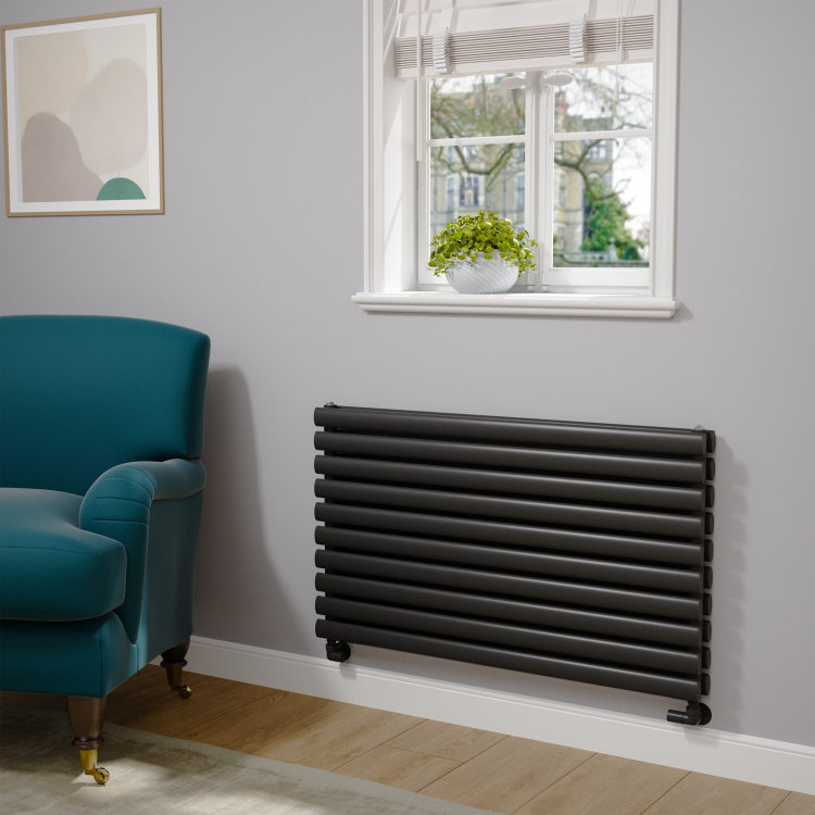 Sorrento Linea Midnight Black Oval Designer Radiator 590x1000mm Double Panel 3693 BTU - Horizontal Bars - Image 2